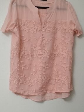 Gracia Peach-Pink Floral Embroidered Short Sleeve Blouse